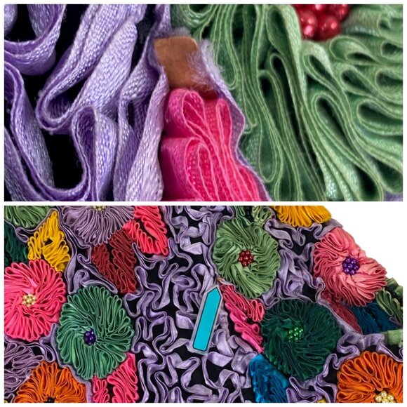 Vtg Precious Moments Floral Silk Jacket | M/L | Applique Beaded | Art to Wear - Picture 7 of 13